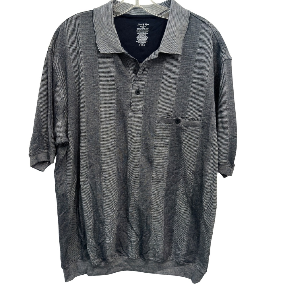 David Taylor Polo Shirt Blue White Stripe Cotton Blend Knit Banded Bottom Large